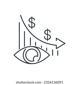 Dollar signs, chart down and observation eye. Financial monitoring. Vector linear icon isolated on white background.