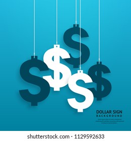 Dollar signs hanging on the ropes on blue background. Vector.