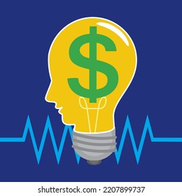 A Dollar Signs Inside Human Head In The Shape Of Light Bulb, Good Idea To Make Money, Illustrator Vector Cartoon Drawing Image Painting