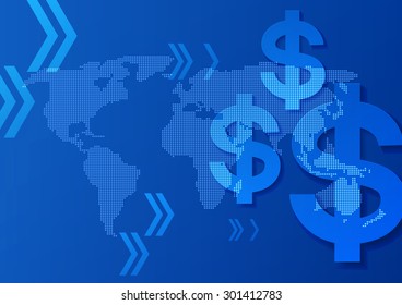 Dollar Signs on World Map Blue Background, Vector Illustration