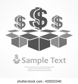 Dollar signs in open boxes grey vector illustration. Icon for business, money sign, dollar cash, infographic element. 
