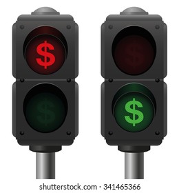 Dollar signs as traffic lights, as a symbol for profit and loss or other business issues. Isolated vector illustration on white background.
