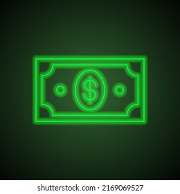 Dollar simple icon, vector. Flat design. Green neon on black background with green light.ai