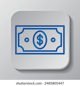 Dollar simple icon, vector. Flat design. Paper cut design. Cutted blue symbol with shadow. Gray badge button, gray background.ai