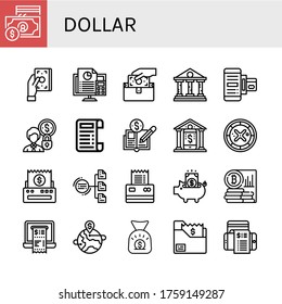 juego de iconos simples en dólares. Contiene iconos como Moneda, Factura, Contabilidad, Cartera, Banco, método de pago, Cobro, Economía, banca en línea, se pueden usar para web, móvil y logotipo