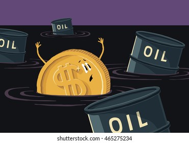 Dollar sinks in petroleum. Coin with dollar sign and Barrel of oil in spilled oil.