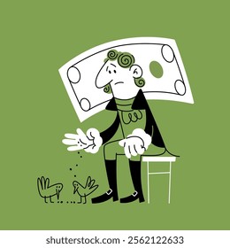 Dollar sits on a stool and feeds the pigeons. Recession in the economy. Falling quotations of the U.S. currency The economic crisis. Doodle vector illustration.