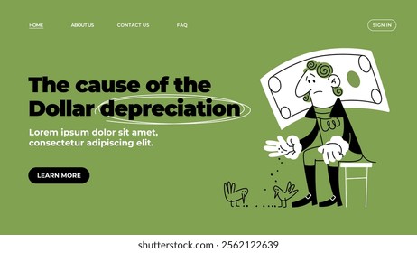 Dollar sits on a stool and feeds the pigeons. Recession in the economy. Falling quotations of the U.S. currency The economic crisis. Template of web banner and landing page. Doodle vector illustration