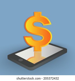 Dollar Smart Phone Concept, Vector Smart Phone and Dollar Sign Icon, Vector Illustration.