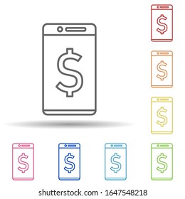 Dollar in einem Smartphone mit mehrfarbigem Symbol. Einfache dünne Linie, Vektorillustration von mobilen Banksymbolen für i und ux, Website oder mobile Applikationen