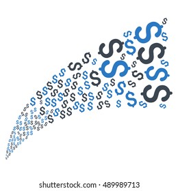 Dollar Source Stream vector illustration. Style is smooth blue bicolor flat dollar symbols, white background.