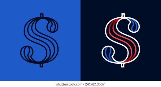 Dollar sport style logo. Blue and red lines font. Patriotic emblem for Independence Day. Serif type for college baseball team, basketball uniform, vintage style headlines, motorcycle magazine.