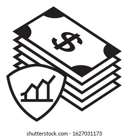 Dollar stack cash with graph showing profits in the shield icon vector