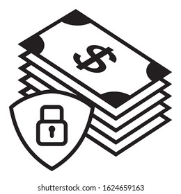 Dollar stack money paper with lock protection in the shield icon