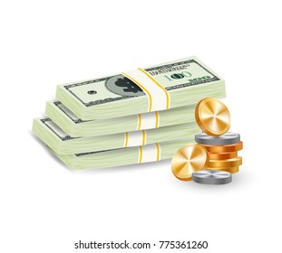 Dollar stacks vector. Gold coins and money banknotes. Cash symbol.Money isolated illustration.