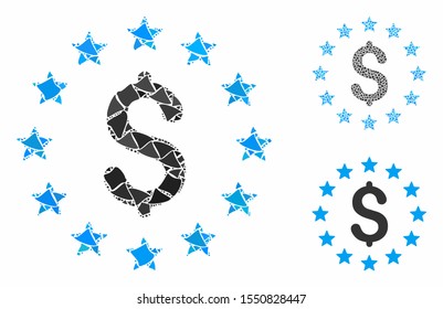 Dollar stars composition of rugged parts in variable sizes and color tinges, based on dollar stars icon. Vector trembly parts are united into composition.