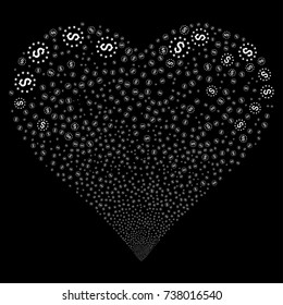 Dollar Stars fireworks with heart shape. Vector illustration style is flat white iconic symbols on a black background. Object heart created from random design elements.