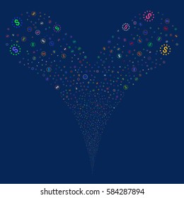 Dollar Stars fireworks stream. Vector illustration style is flat bright multicolored iconic symbols on a blue background. Object double fountain combined from random design elements.