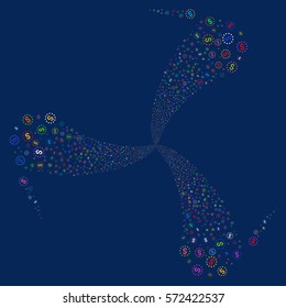 Dollar Stars fireworks swirl rotation. Vector illustration style is flat bright multicolored iconic symbols on a blue background. Object spiral created from random pictograms.