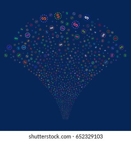 Dollar Stars salute stream. Vector illustration style is flat bright multicolored iconic symbols on a blue background. Object source fountain created from random pictograms.