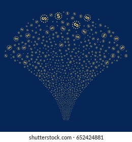 Dollar Stars salute stream. Vector illustration style is flat yellow iconic symbols on a blue background. Object explosion fountain made from random icons.