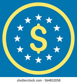 Dollar Stars vector icon. Style is bicolor flat circled symbol, yellow and white colors, rounded angles, blue background.