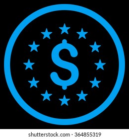Dollar Stars vector icon. Style is flat circled symbol, blue color, rounded angles, black background.