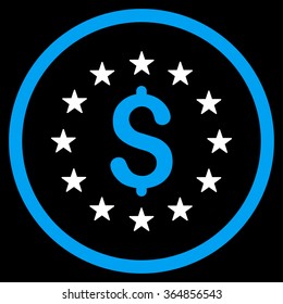 Dollar Stars vector icon. Style is bicolor flat circled symbol, blue and white colors, rounded angles, black background.