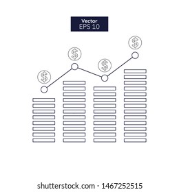 Dollar stats with outline style vector.  Money bar chart rising up