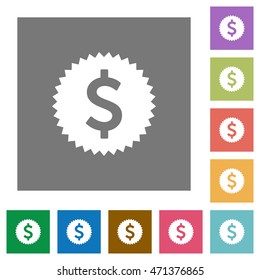 Dollar sticker flat icon set on color square background.
