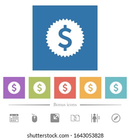 Iconos blancos planos adhesivos en dólares en fondos cuadrados. 6 iconos de bonificación incluidos.