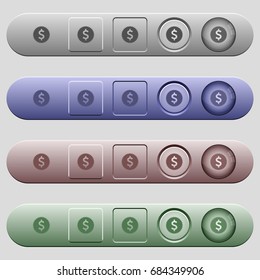 Dollar sticker icons on rounded horizontal menu bars in different colors and button styles