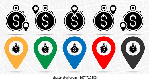 Dollar, stopwatch icon in location set. Simple glyph, flat illustration element of time theme icons