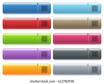 Dollar strong box engraved style icons on long, rectangular, glossy color menu buttons. Available copyspaces for menu captions.