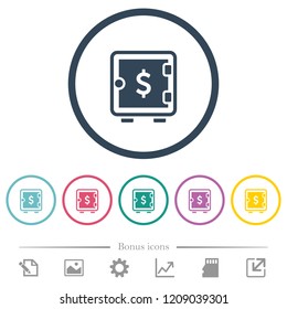 Dollar strong box flat color icons in round outlines. 6 bonus icons included.