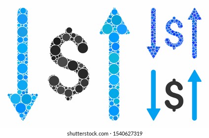 Dollar swap mosaic of circle elements in variable sizes and color tinges, based on dollar swap icon. Vector circle elements are united into blue mosaic.