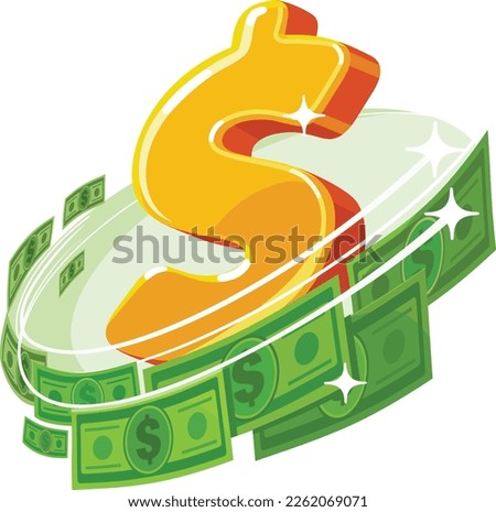 Dollar symbol around which banknotes fly. Illustration on the theme of finance. Icon for a business website
