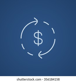 Dollar symbol with arrows around line icon for web, mobile and infographics. Vector light blue icon isolated on blue background.