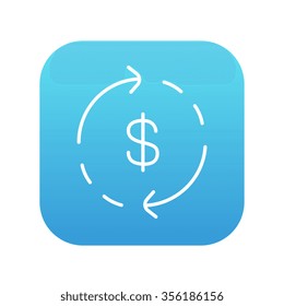 Símbolo de dólar con flechas alrededor del icono de línea para web, móvil e infografía. Icono de blanco vector en el cuadrado de gradiente azul con esquinas redondeadas aisladas en fondo blanco.