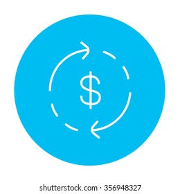 Símbolo de dólar con flechas alrededor del icono de línea para web, móvil e infografía. Icono de blanco vector en el círculo azul claro aislado en fondo blanco.