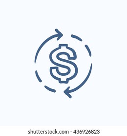 Símbolo de dólar con flechas icono de esbozo vectorial aislado en el fondo. Símbolo del dólar dibujado a mano con un icono de flechas. Símbolo de dólar con flechas icono de esbozo para infografía, sitio web o aplicación.