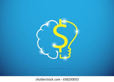 dollar symbol with brain and lightbulb, idea and business concept