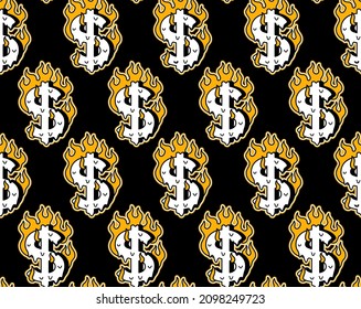 Dollar symbol burn in fire seamless pattern .Vector cartoon graphic illustration wallpaper background design.Dollar,money burn,fire print seamless pattern