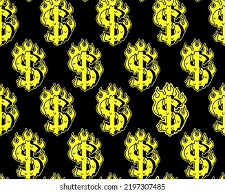 Dollar symbol burn in fire seamless pattern .Vector cartoon graphic illustration wallpaper background design.Dollar,money burn,fire print seamless pattern