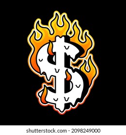 Dollar symbol burn in fire t-shirt print.Vector cartoon graphic illustration logo design.Money,dollar,fire print for poster,t-shirt,logo concept