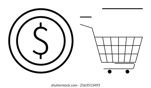 A dollar symbol in a circle and an abstract shopping cart, both in a minimalistic style. Ideal for e-commerce, retail, finance, online shopping, and marketing themes. Simple line art style