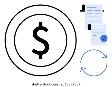 Dollar symbol in a circle, two receipts one checked and blue circular arrows indicating repeat. Ideal for economy, finance, accounting, transactions and budgeting themes. Simple vector style
