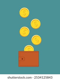 Dollar Symbol Coins falling into Wallet Vector Illustration