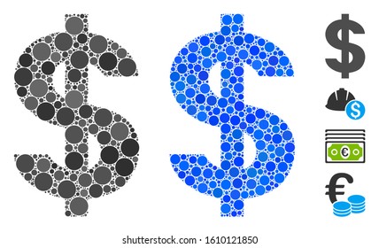 Dollar symbol composition of filled circles in variable sizes and color tints, based on dollar symbol icon. Vector filled circles are organized into blue illustration.