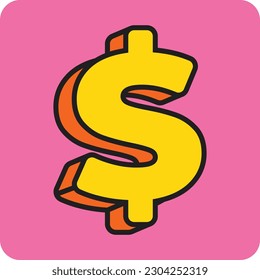 Dollar Symbol in doodle black outline with orange shadow on pink background for school, work, or commercial purpose